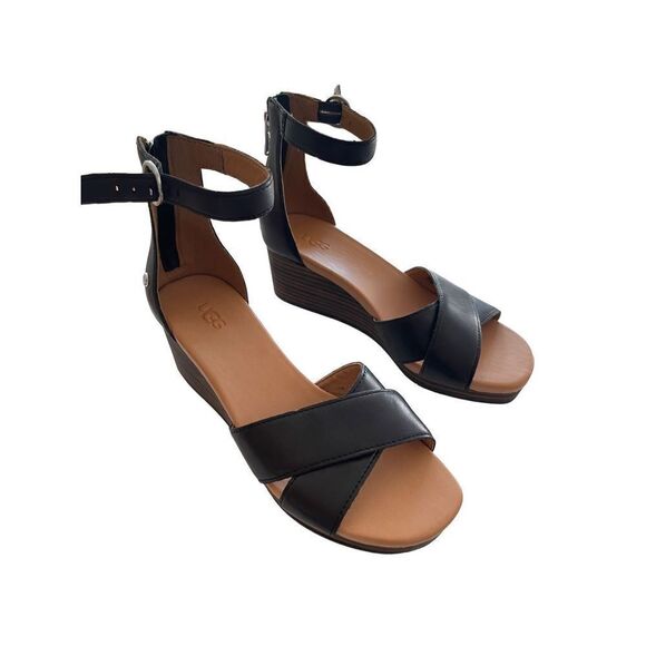 Ugg Womens Black Eugenia Leather Back Zipper Ankle Strap Wedge Sandals Size 6.5 - Picture 4 of 8